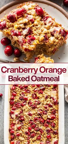 cranberry orange baked oatmeal on a plate with the rest of the tray