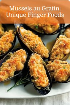 Mussels and chickpeas topped with a crispy gratin, offering a unique and flavorful Italian finger food option for dinner parties. Starter Dishes, Italian Dinner Party