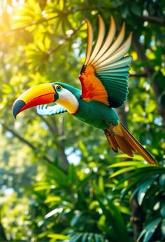 a colorful bird is flying in the air over some trees and leaves with its wings spread wide open