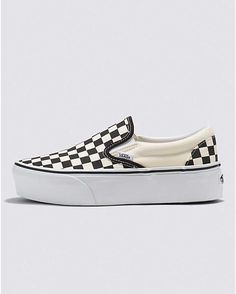 Vans | Classic Slip-On Stackform Checkerboard Black/Classic White Shoe Platform Vans Slip On, Platform Vans Outfit, Platform Aesthetic, Platforms Aesthetic, Vans Shoes Fashion, Summer Wishlist, Platform Vans, Tenis Vans, Vans Outfit