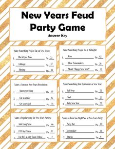 the new year's party game is shown in gold and white with stripes on it