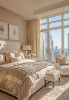 a large bed sitting next to a window in a room with high rise buildings behind it