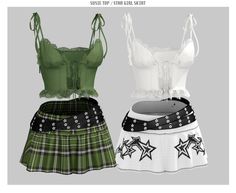 two different types of skirts and bras with bows on the top, one in green and