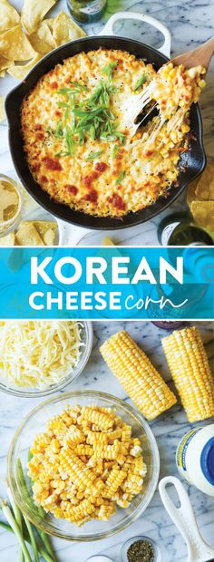 korean cheese cookbook cover with corn on the cob and other dishes in bowls