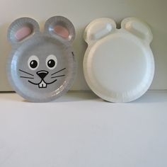 two paper plates with mouse faces on them