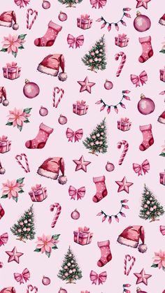 a pink christmas pattern with presents, stockings and ornaments on a light pink background that is seamless