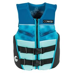 a blue life jacket with black straps on the front and chest, which says conneay