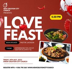 a flyer for love feast with balloons and food