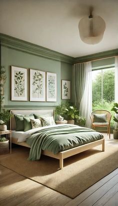 a bedroom with green walls and wooden floors