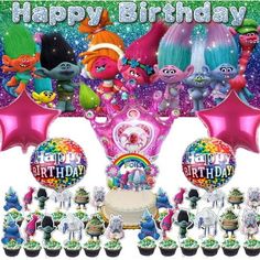 a birthday party with balloons, cupcakes and decorations for an inside out trolly theme