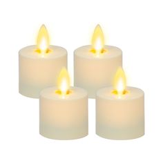 three white candles with yellow lights on them