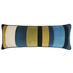 a blue and yellow striped pillow on a white background