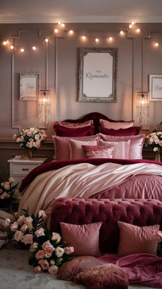 a bed with pink comforter and pillows in a room decorated with flowers, lights and framed pictures