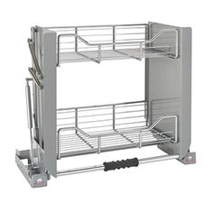 two metal shelves with pull out baskets on them