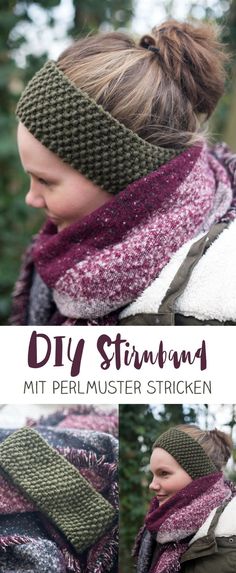 a woman wearing a knitted headband and scarf with the words diy strihan written on it