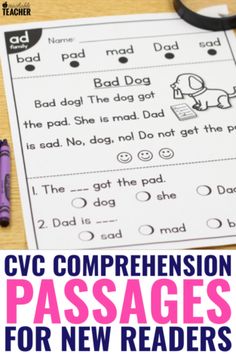 the cvc worksheet for reading passagess with text that reads,'cvc comprehension passagess for new readers '