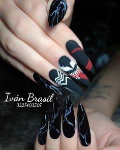 Venom Nails Acrylic, Doctor Who Nails, Batman Nails, Horror Nails, Brown Acrylic Nails