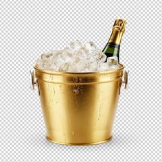 a gold bucket filled with ice and a bottle of champagne in it, on a transparent background