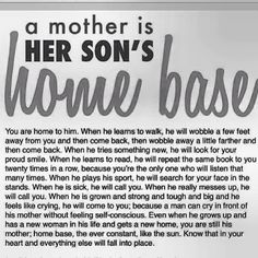 an image of a mother is her son's home base text on a black background