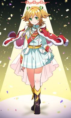 an anime character is standing in front of a bright light and confetti on the floor