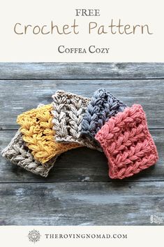 three crochet coasters with the text free crochet pattern coffee cozy