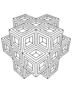 a black and white drawing of an abstract cube with four squares in the center, all connected to one another