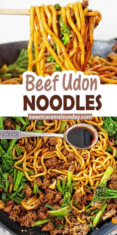 beef udon noodles in a wok with broccoli and carrots on the side