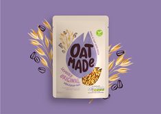 an oat made pouch on a purple background with dried oats in the foreground