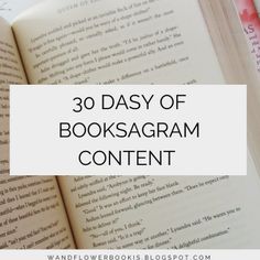 an open book with the words 30 days of bookstagramm content on it, and two