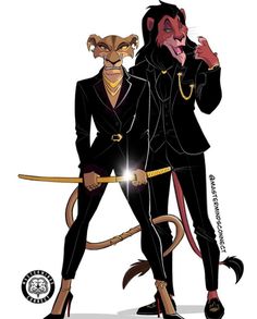 two monkeys dressed in black and gold with one monkey holding a whip, while the other is