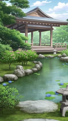 a painting of a japanese garden with pond and bridge