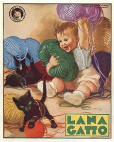 an advertisement for yarn with a baby holding a ball of yarn next to two cats