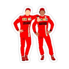 two men in red racing suits standing next to each other with their hands on their hipss