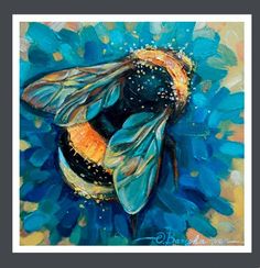 a painting of a bee sitting on top of a blue flower