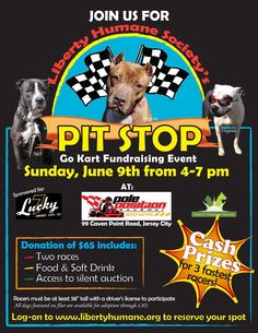 an advertisement for the pit stop event with two dogs on black background and white lettering