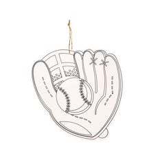 a drawing of a baseball glove with a ball in it's mitt hanging from a string