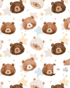 an animal themed wallpaper with brown bears and stars on white background, for children's room decor