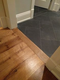 a kitchen with wood flooring and white cabinets in the backround, next to an open door