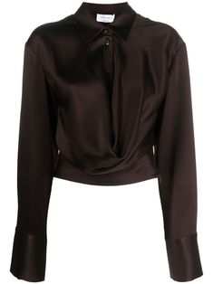 chocolate brown stretch-design satin finish draped detailing pointed flat collar front button fastening buttoned-cuff sleeves cropped Court Outfit, Satin Shirts, Winter Capsule Wardrobe, Brown Satin, Model Outfits, Cropped Shirt, Causual Outfits, Satin Shirt, Elegant Shirt