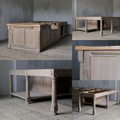 four different views of a wooden table with drawers on each side and the same drawer at the top