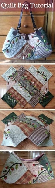 four pictures showing how to make a quilt bag