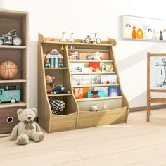 a child's room with bookshelves, toy cars and a teddy bear