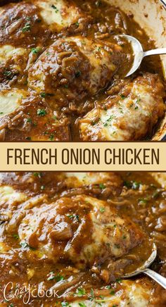 french onion chicken in a skillet with gravy and parmesan cheese