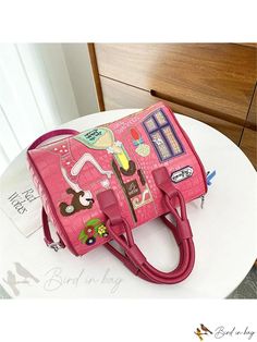 Bird in Bag - Geometric Pattern PU Leather Tote Bag Modern Pink Satchel For Errands, Trendy Rectangular Satchel For Errands, Pink Double Handle Shoulder Bag For Office, Trendy Pink Leather Satchel, Pink Large Capacity Satchel For Office, Pink Large Capacity Office Satchel, Trendy Pink Satchel For Office, Trendy Pink Office Satchel, Trendy Travel Satchel Box Bag