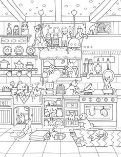 this is an image of a kitchen with cats and dogs in the room coloring page