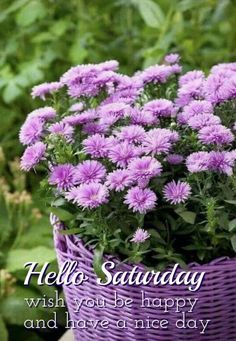 a basket filled with purple flowers sitting on top of a wooden table next to green plants