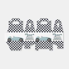 three paper gift bags with the words, thank you and checkered cars on them