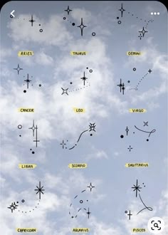 the sky has many different types of stars and clouds in it, including one that appears to be zodiac signs