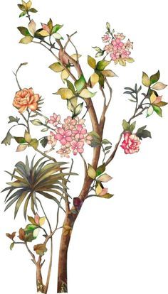 a painting of a tree with pink flowers and green leaves