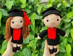 two pictures of a crocheted doll with red hair and black clothes, one is wearing a hat and scarf